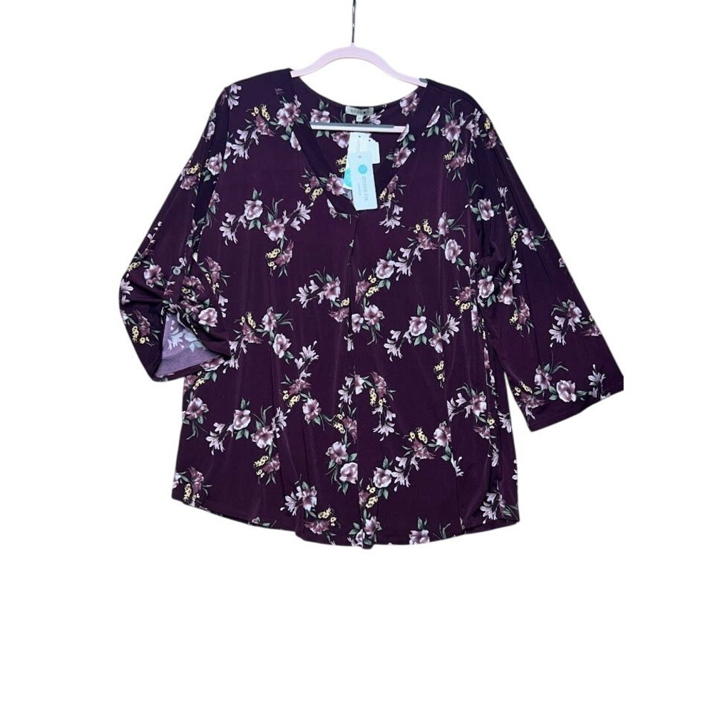 Beacon Womens 3X Plum‎ Purple Floral V-Neck Roll-Tab Sleeve Blouse New